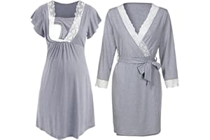 Sunvivid Camicia da Notte Donna Cotone Allattamento Premaman Parto Ospedale maternità Casual Abiti Pigiama Elegante Scollo a V Pizzo Vestito Casa Vestaglia Pigiami - Pacco da 2