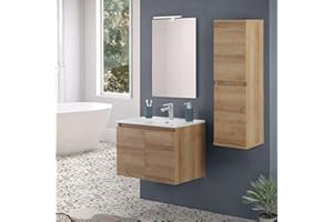 Inbagno Mobile bagno sospeso 70 cm rovere africa con 2 ante soft-close, lavabo in ceramica e specchio reversibile 60x80 cm, KLEO