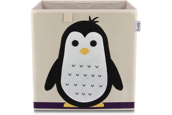 LIFENEY 833364 Boîte de rangement pingouin, Coffre à jouet, compatible avec l'étagère IKEA KALLAX, Feutre, Polyester, Beige, Coloré, 33 x 33 x 33 cm