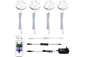 AIBOO LED Cocina Debajo de La Lámpara del Gabinete con Control Remoto Inalámbrico RF, Iluminación Empotrada Ultradelgada Redonda, 4 Packs de Luces LED para Escaparate 12V 8W(Blanco Natural 4000K)