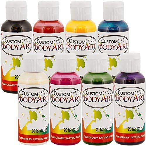 8 COLOR AIRBRUSH TEMPORARY TATTOO INK 2 OUNCE Size Yellow, Red, Blue, Black, Hot Pink, Green, Purple, and White by Kustom Body Art