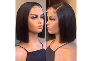 Fereowth Perruque Femme Naturelle Bresilienne 4x4 Lace Front Short Bob Straight Wigs Perruque Cheveux Humain Glueless Wigs for Women 180% Densité 12Pouces (30cm)