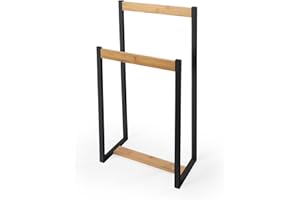 LIN HOME Toallero de Pie con 2 Barras de Madera y Metal 41x18x80cm para Baño, Lavadero, Dormitorio