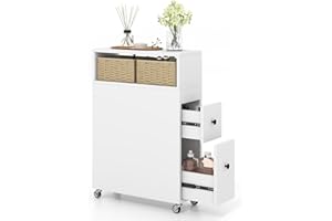 ‎GIANTEX GIANTEX Nischenregal 19cm breit, Badezimmerschrank schmal Badregal auf Rollen, Nischenschrank Nischenwagen mit 2 Schubladen & 2 Weidenkörben, Rollwagen Rollcontainer 19x50x72 cm (Weiß)