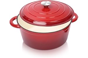 GFTIME Pentola in ghisa smaltata, diametro 28 cm, con coperchio, per tutti i piani cottura e a induzione, in ghisa, per pane, rotondo, rosso, 5,7 l