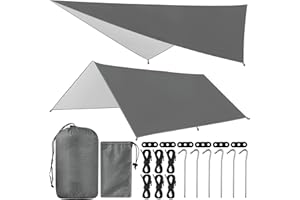 ZHHGOO 3x3M Camping Bâche, Tarp Bivouac Anti UV, Ripstop, Kit de Bâche Imperméable avec Oeillets, 6 Piquets en alu, 6 Cordes, pour Bivouac, Randonnée, Trekking, Hamac, Auvent Van Fourgon, Extérieur