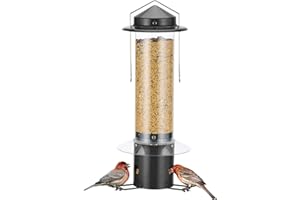 Kingsyard Squirrel-Proof Bird Feeder w/3 Feeding Ports, Heavy Duty Metal Tube Birdfeeder for Wild Bird, 5LBS Mixed Seed Capacity, w/Hanger, Black