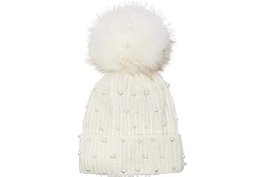 styleBREAKER Damen Strick Bommelmütze mit Perlen und Fleece Futter, warme Winter Fellbommel Mütze, Fake Fur 04024155