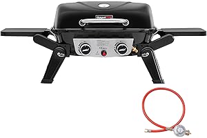 Royal Gourmet 2-Brenner Tragbarer Gasgrill, 5 kW Tischgrill mit klappbaren Seitentischen, portabler BBQ Grill für Balkon, Terrasse, Garten Schwarz