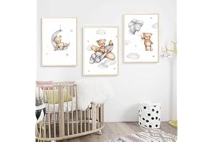 Youihom Lote de 3 Cuadros Animales Oso Nubes Estrellas Luna Globo Aeronave Bebé Niño Habitación Póster 30 x 40 cm Lienzo Decorativo de Pared Regalo sin Marco