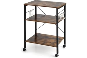 ‎KOMFOTTEU KOMFOTTEU Küchenwagen Küchenregal auf Rollen, 3 Ebenen Rollwagen Mikrowellenregal mit höheverstellbare Ablagen & 10 S-Haken, Servierwagen aus Holz & Metall, Mehrzweckwagen für Küche Büro (Industrie)