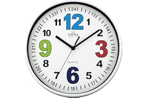 ‎MPM QUALITY MPM Quality Design Kinder Wanduhr aus Kunststoff mit markanten farbigen Zahlen, Weiß, Quarz Sweep, Bunte Kinder-Uhr, Ø 200 x 34 mm, ideal für Kinderzimmer, Kindergarten oder Schule