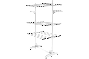 Todeco Séchoir à Linge Pliant à 3 Niveaux, Etendoir à Linge intérieur en Acier Inoxydable, Sèche-Linge étendoir Pliable avec Ailes réglables en Hauteur pour Terrasse Jardin, Noir