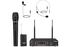 Phenyx Pro Sistema microfonico wireless, set di microfoni cordless VHF con 1 palmare, 1 cuffia, 1 bavero, 1 bodypack, segnale stabile, lunga portata, ideale per presentazioni, chiesa(PTV-1B)