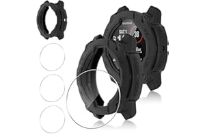 Funrae Silikon Hülle mit Schutzfolie Kompatibel mit Garmin Instinct 3 50mm AMOLED/Solar, 9H Härte Displayschutz für Panzerglas*3+Vollschutz PC Kratzfest Schutzhülle Schutz Case*1