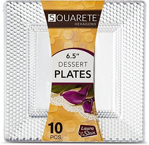 [10 Pack] Clear Square Hard Plastic Disposable Hexagon Design Party Plates (6.5"-16.5cm Plates)