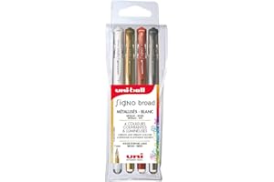 Mitsubishi Pencil - 4 Stylos Rollers Encre Gel - Uni-Ball Signo Broad - Pointe 1 mm - Écriture Large - Roller Créatif pour Carterie et Loisirs Créatifs - Or, Argent, Blanc, Bronze