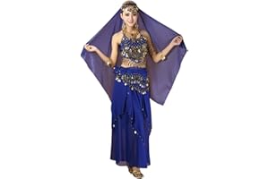 Meijunter Damen Bauchtanz Kostüm Set Tanzen Top+Hose+Kopfkette Kopftuch+Taillenkette Tänzer Anzug