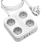 JSVER 3M Power Strip with 4 Outlets with 3USB A and 1 USB C (5V/3.4A), Surge Protection for Home, Office and Travel Cable 3 m