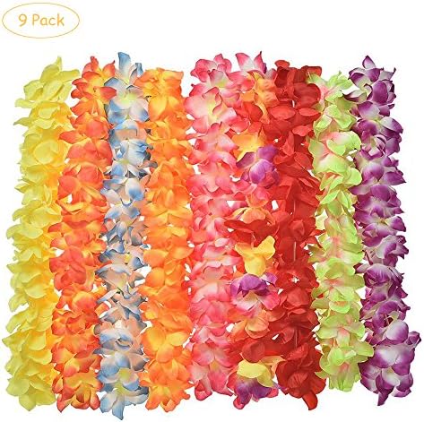 9 Pieces Hawaiian Flowers Tropical Hawaiian Leis Necklaces for Party Supplies Birthday Party Favors Festival Decorations Outdoor Activity 9 Colors