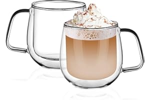 Amisglass Tazzine caffè Espresso, Bicchiere caffè Vetro, Tazza da caffè Espresso a Doppia Parete con Manico Termici Isolati per Latte, tè, Cappuccino, Cioccolata, Brandy - Set da 2, 300 ml