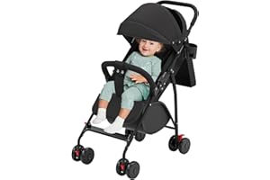 OHMG Passeggino a canna da bambino 0-3 anni, carico 25 kg, con schienale e poggiapiedi regolabili, pieghevole compatto e leggero, da viaggio con baldacchino e zanzariera, 360° ruote antiscivolo