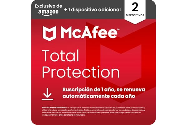 McAfee Total Protection para 2 más 1 Dispositivos adicional 2026 | Antivirus, VPN, software de seguridad, gestor de contraseñas, | Suscripción de 1 año con renovación automática | Descargar