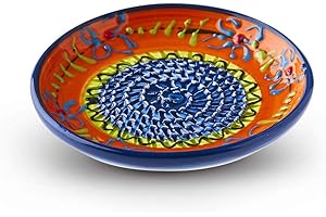 THE GREAT GARLIC GRATER Garlic Grater Plate. (#Ref 22). Handmade and Hand Painted in Cordoba, Spain. Orange Plate with Blue and Yellow Circle with Blue Rim, Oriental Pattern.