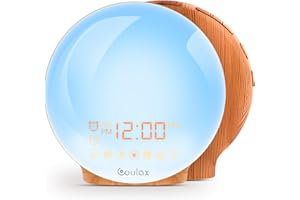 COULAX Reloj despertador de luz Reloj despertador de luz diurna Luz de despertador Amanecer Puesta de sol Simulación Reloj despertador con alarmas duales 20 Brillo 7 Sonidos naturales Radio FM