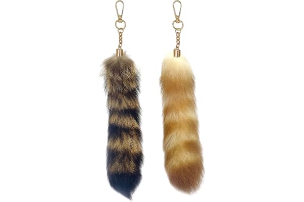 OuryTech Rävsvans, 2 stycken Therian Tail och rävhänge, fluffig raccoon svans nyckelring som dekoration, cosplay tillbehör eller nyckelring