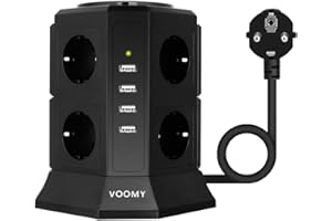 VOOMY 12 w 1 listwa zasilająca z USB, 8 gniazd przedziałowych, wieża z wieloma gniazdami z 4 USB, wiele wtyczek z ochroną przeciwprzepięciową i kablem 2M, gniazdo z przełącznikiem do biura, domu
