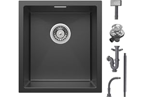 CECIPA Evier Cuisine 1 Bac 40 x 44 cm, Évier Noir Sous Plan, Évier de Cuisine pour Meubles Bas de 40 cm, Evier Inox Carré, Petit Lavabo Cuisine avec Siphon, Kit de Drainage