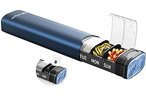 Weekly Pill Boxes 7 Day 1 Times A Day,Serfeymi Metal Pill Organiser(Spare Gasket Provide),Travel Tablet Dispenser,Daily Pill Case,Dosette Box,Medicine Holder for Medication,Supplement(Indiv Lid)-Blue