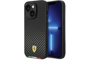 CG MOBILE Ferrari - Funda para iPhone 14 Plus, color negro con línea de bandera italiana, funda protectora de piel sintética y duradera con fácil ajuste y absorción de golpes y logotipo de la firma