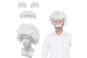 UILYNIU Juego de disfraces de Mad Scientist - 3 piezas Profesor Peluca con bigote y barba blanca para Cosplay, fiesta temática y festival