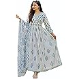 MEERA FAB Women's Cotton Printed White Anarkali Kurta with Palazzo & Dupatta Set