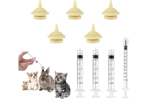 hoeslaw Kitten Feeding Nipples and Nursing Syringe, 5 Pcs Natural Rubber Nipples with 4 Pcs O-Ring Syringe (1 3cc), Reusable Newborn Pet Supplies Suitable for Kittens Puppies Bunnies Squirrels