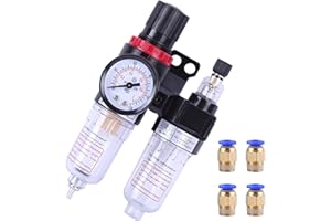 Mengger Filtre régulateur Air Compresseur de Pression lubrificateur 1/4 manomètre Maintenance pneumatique Filtre régulateur gaz Processeur comprimé Avec 4Pcs PC4 M5 Connecteur Rapide d'air raccords