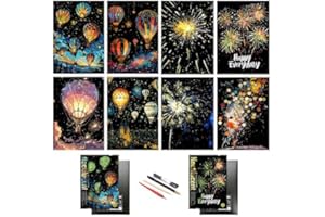 DESINIK Scratch Painting Art Paper,Scratch Art for Adults,Creative DIY Craft Gift Scratch Rainbow Painting Luminous Paper Set with 4 Tools 11.7''x8.3''(Fireworks&Hot Air Balloon)