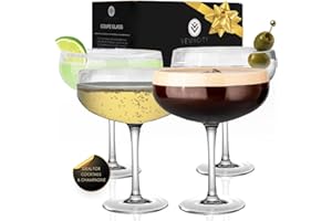 Vemacity Verres à Cocktail Coupe Élégants- Lot de 4 Verre Martini/Coupe Champagne en Cristal Faits à la Main et un Livre électronique de recettes | Grands Verres à Martini. Cadeau Cocktail.
