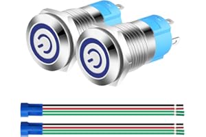 Gebildet 2pcs 12mm Interruttori a Pulsante ad Aggancio in Acciaio Inossidabile, 12V-24V 3A Simbolo LED Normalmente Aperto SPST ON Off Interruttore a Levetta Impermeabile con Spina a Filo (LED Blu)