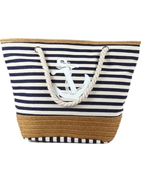 Strandtasche mit Anker Muster Geräumige Gestreift Schultertasche aus stroh und Baumwoll-Canvas Damen Beachbag...