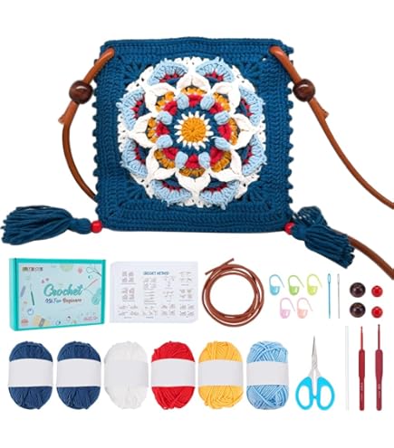ORIGACH Kit Uncinetto Per Principianti - Borsa Quadrata A Fiori Nonna, Tutorial Video, 6 Gomitoli, Uncinetti E Accessori