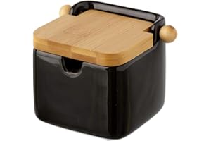 Casa D'Or Dcasa - zuccheriera Nera Stoneware 8 x 10,50 x 8 cm, con Coperchio in bambù