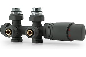 VANCOCO Multiblock mit Thermostat für Heizkörper 50mm Nabenabstand, Hahnblock, Ventil-Armaturen Set in Eck- und Durchgangsform mit Eurokonus für Ø16×2 mm Kunststoff- und Ø15mm Kupferrohre (Anthrazit)