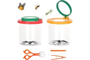 FENGQ Zestaw lupy kubkowej, 2 sztuki, podgląd na owady, puszka z pęsetą, lupa kubkowa dla dzieci, z pułapkami na owady, pęsetą, szydłami, do nauki, natury, eksploracji natury, 2 sztuki