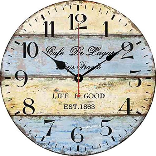 Yung Jo 12" Vintage Rustic Country Tuscan Style,Route 66 Road Sign, Roman Numerals Design Wooden Round Decorative Wall Clock (Mediterranean Strips)