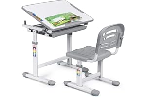 COSTWAY Escritorio para Niños con Silla Mesa de Lectura para Infantil con Cajón Ángulo y Altura Ajustable (Gris)