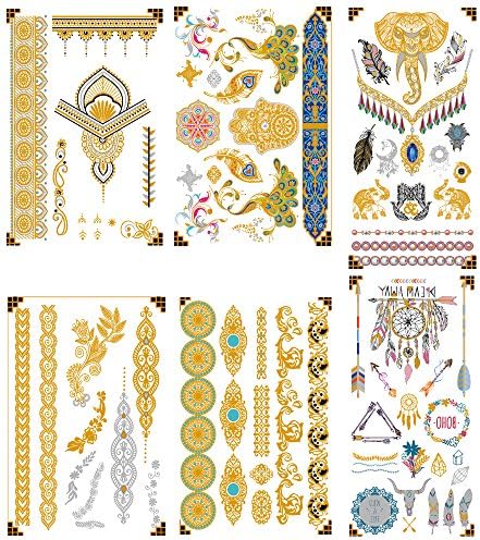 Atia Premium Metallic Temporary Tattoos - 75+ Designs in Gold and Silver - Temporary Fake Shimmer Jewelry Tattoo - Flowers, Elephants, Feathers, Bracelets, Wrist and Arm Bands. . .