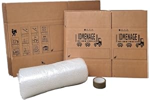 MAISANGE Kit déménagement: lot de boites en carton, adhésif, bulles, pour déménagement d'un T1/ studio. Carton haute résistance, jusqu'à 20kg avec poignées intégrées adaptées au port de charge lourde